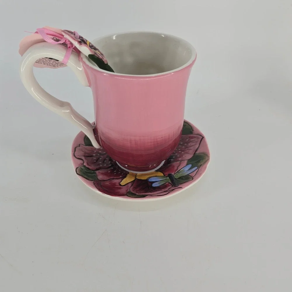 Blue Sky Clayworks Heather Goldminc Dragonfly Plum Iris Tea Cup NWT Set